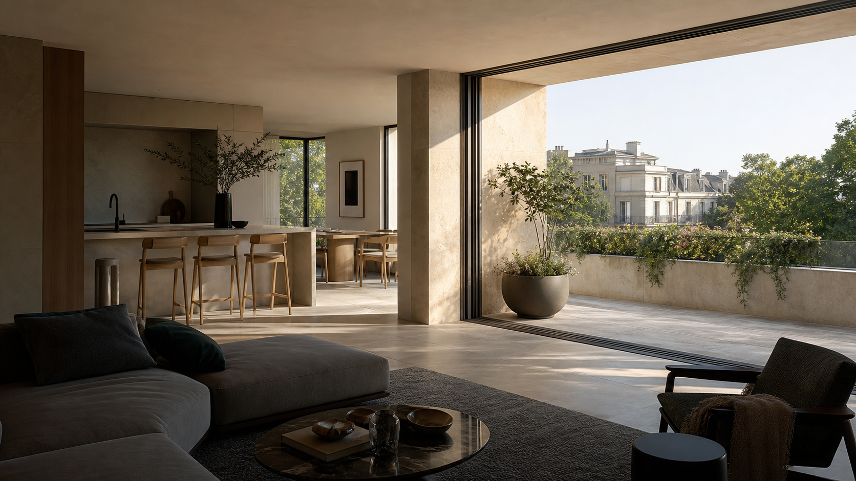 Interior contemporan deschis către o terasă luminoasă