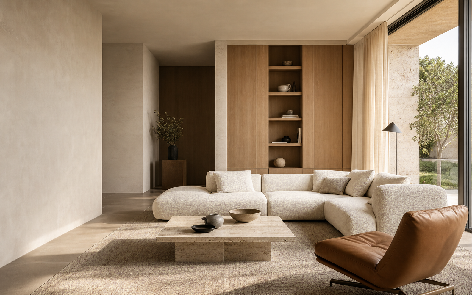 Living contemporan luminos, amenajat în tonuri naturale