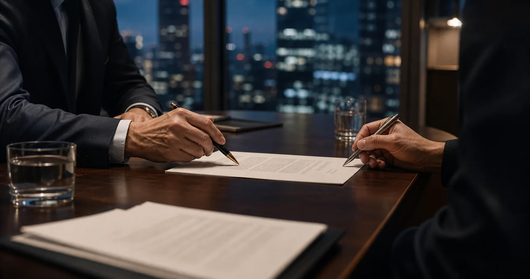 Profesioniști analizând un contract comercial într-un birou