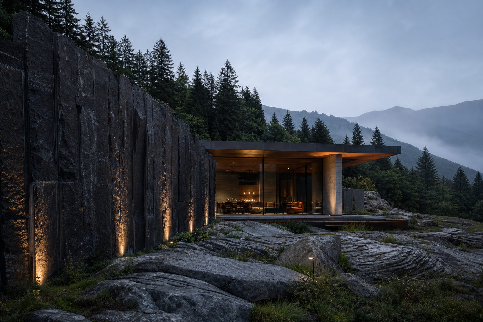 Pavilion contemporan din basalt într-un peisaj montan