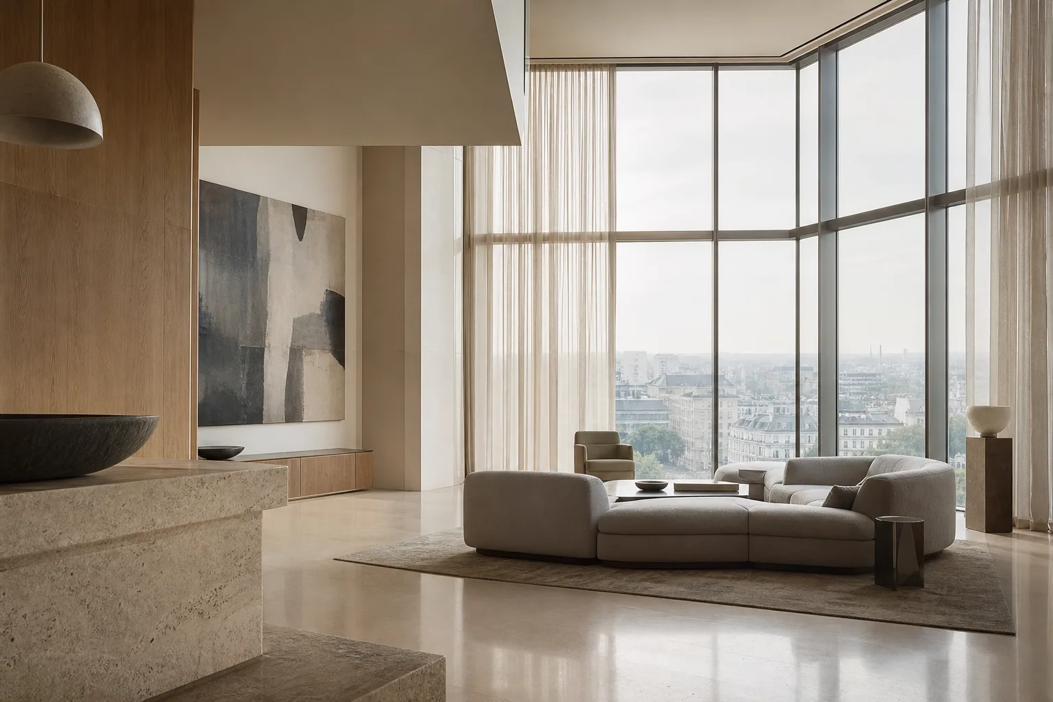 Penthouse luminos cu piatră naturală și suprafețe vitrate ample