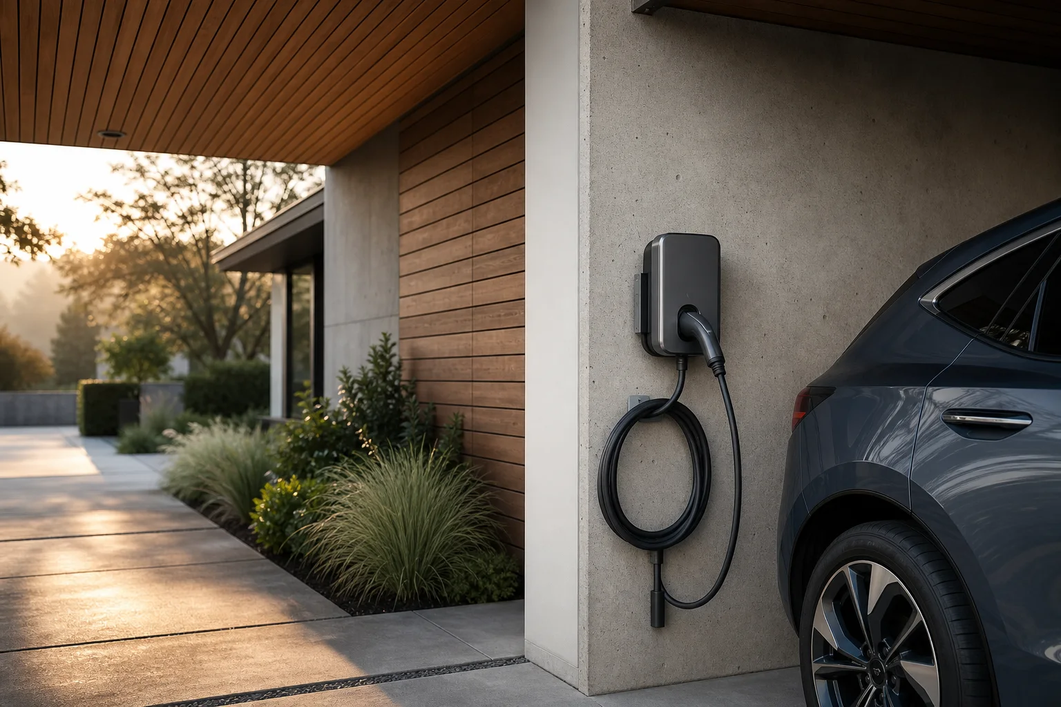 Stație de încărcare electrică montată lângă o locuință modernă