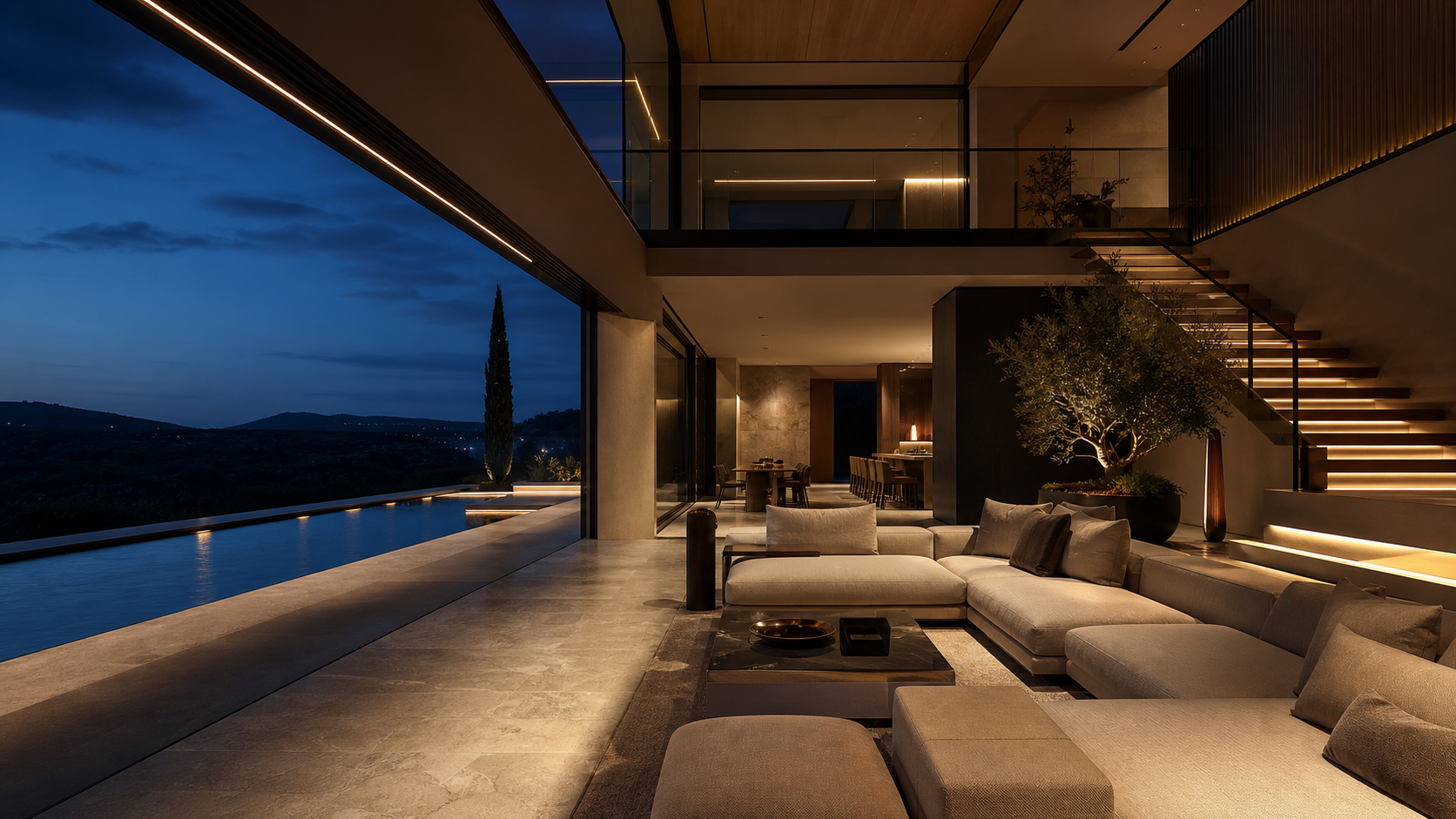 Interior contemporan la apus, integrat cu iluminat arhitectural discret