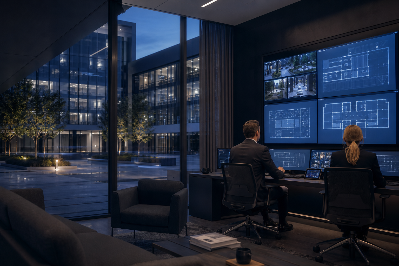Centru modern de monitorizare cu vedere către un campus de birouri