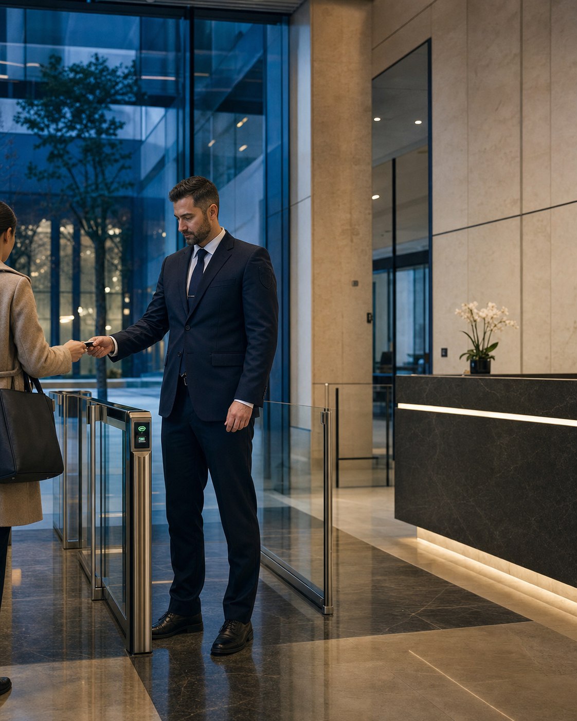 Agent de securitate care verifică accesul într-un lobby corporativ modern
