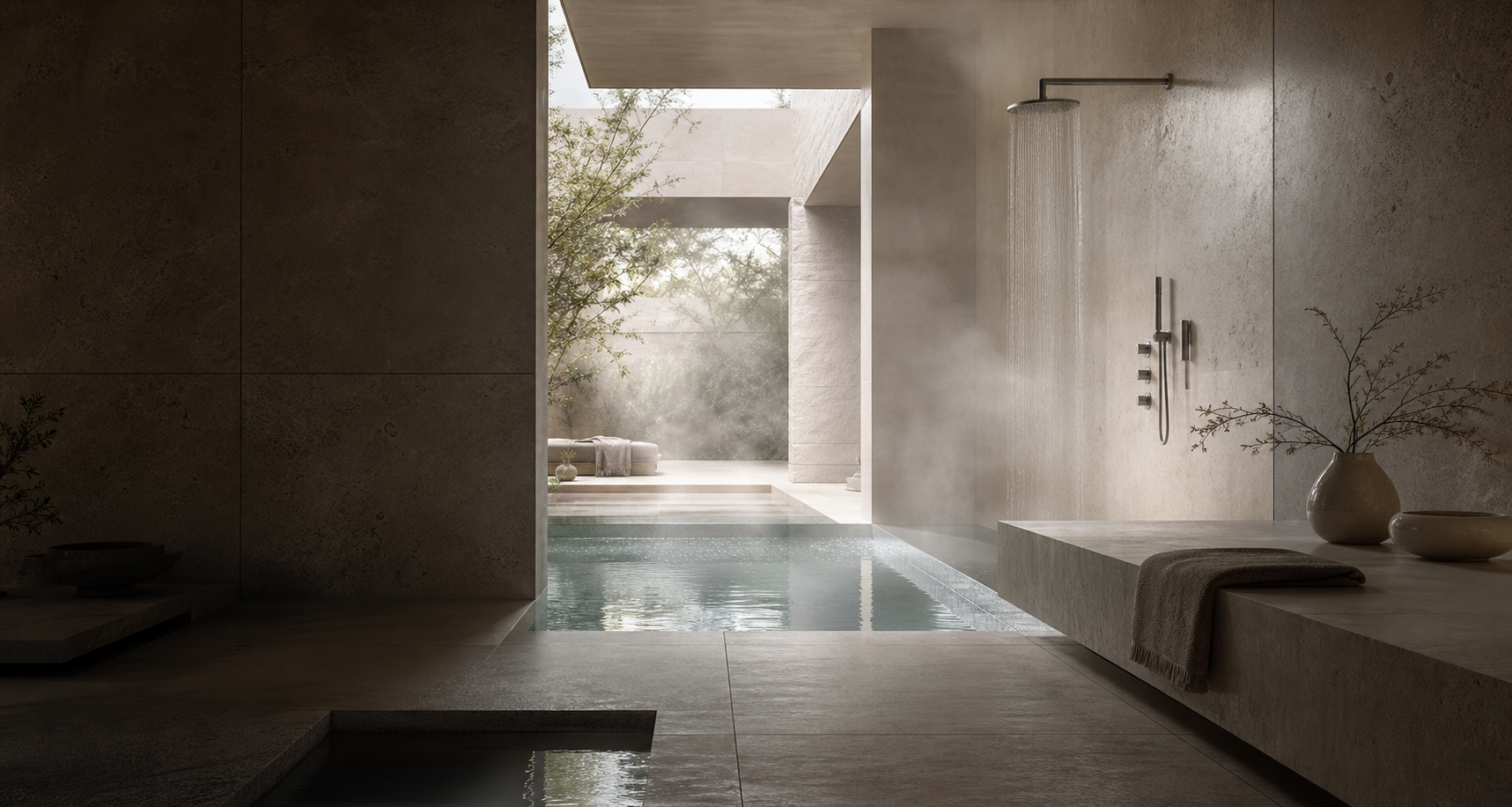 Spa privat contemporan din piatră naturală, cu apă calmă și lumină filtrată
