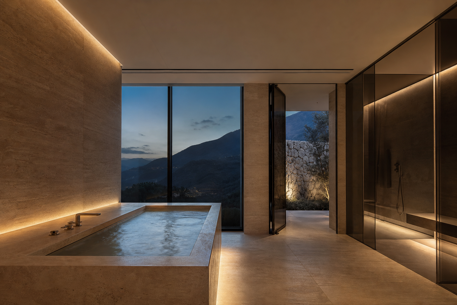 Baie wellness privată cu vedere către munte, iluminată discret la apus