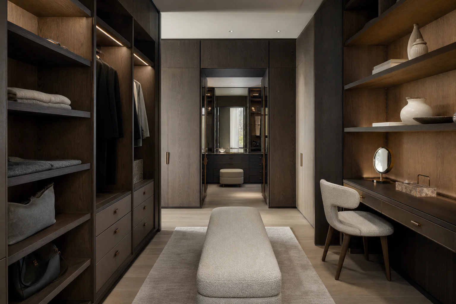 Dressing walk-in din lemn închis cu iluminare integrată