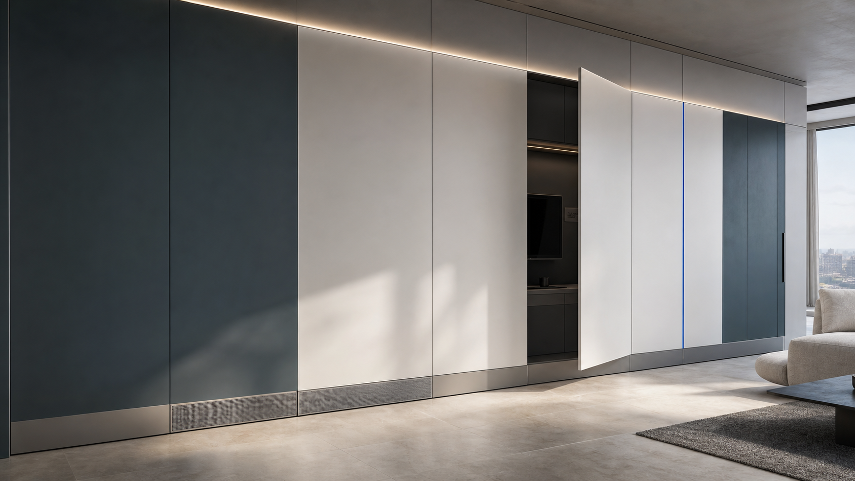 Perete de mobilier integrat VOLUMA într-un interior contemporan