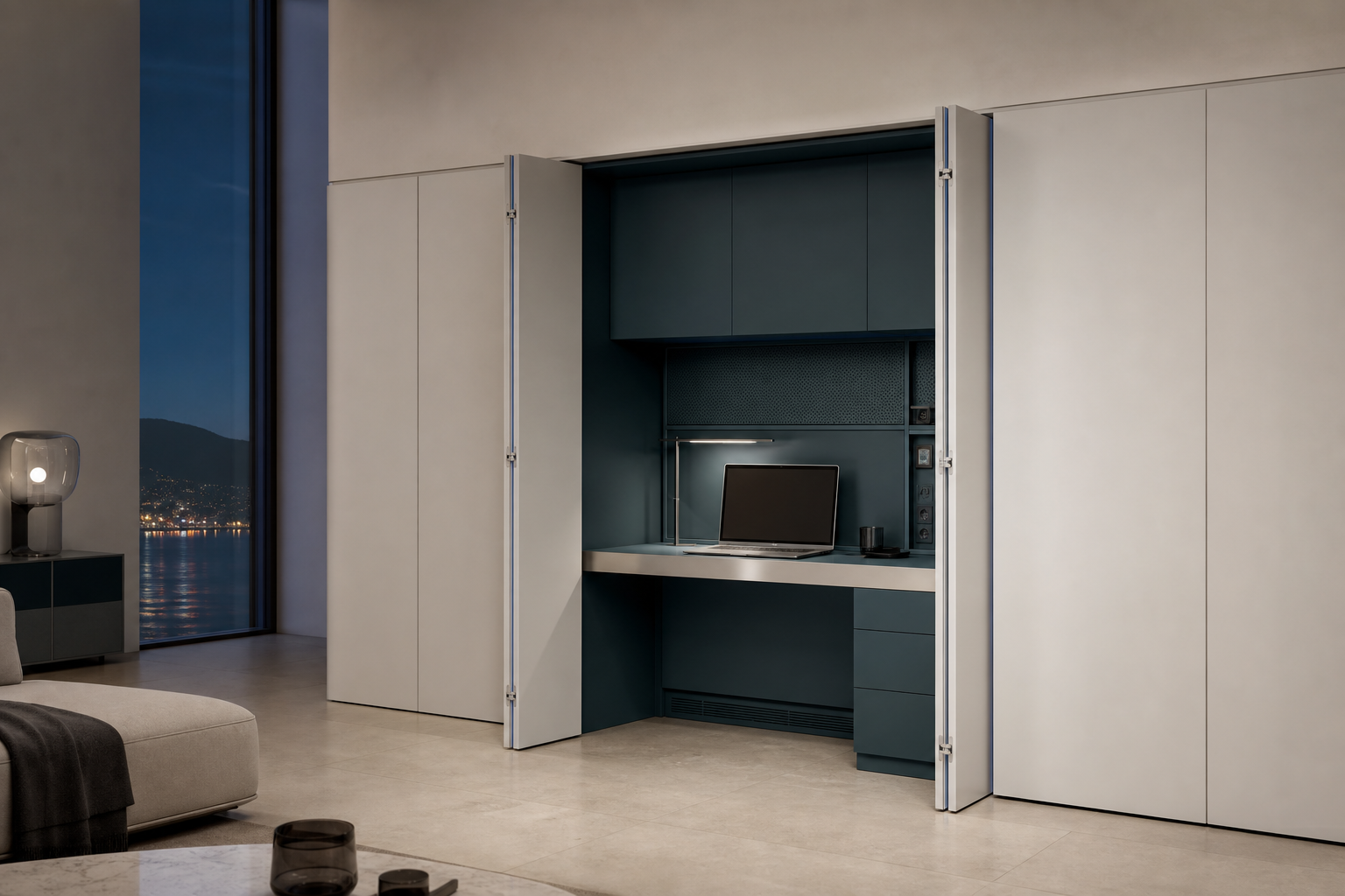 Birou VOLUMA complet integrat într-un perete de mobilier