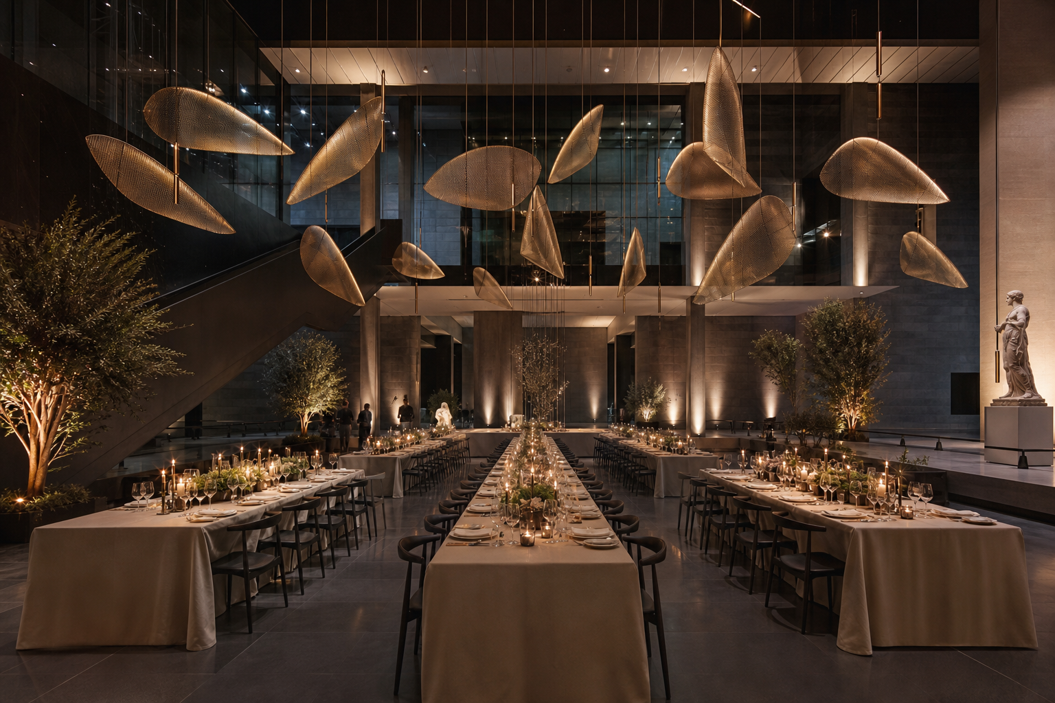 Gală corporate într-un atrium contemporan, cu decor sculptural