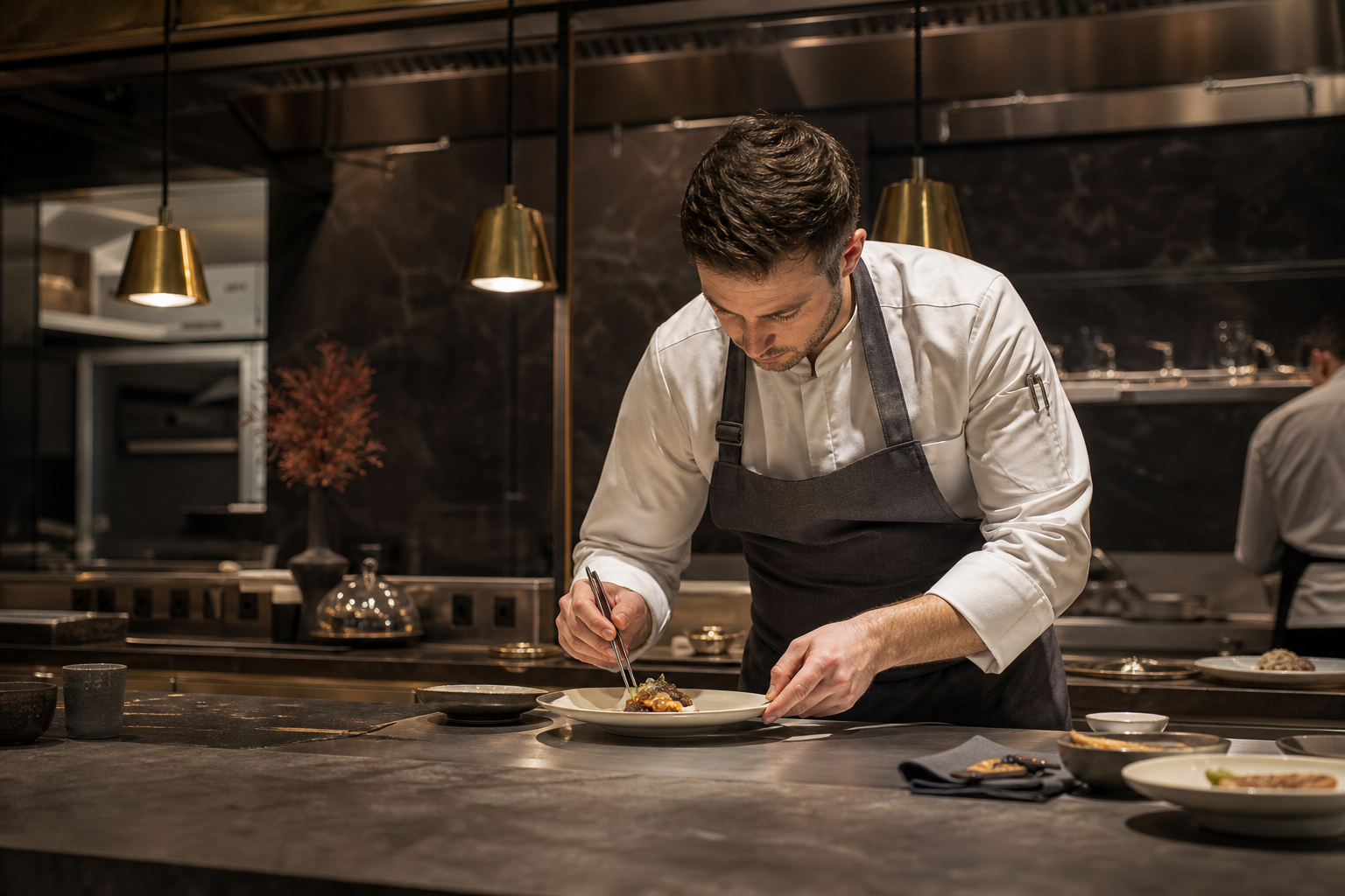 Chef Andrei Mureșan finisând un preparat