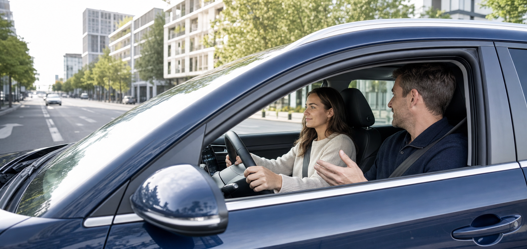 Cursantă la volan alături de instructorul Drive Academy
