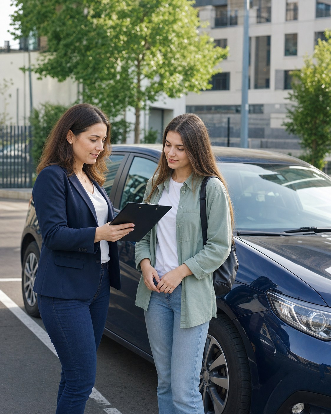 O instructoare discută planul de pregătire cu o cursantă lângă mașină