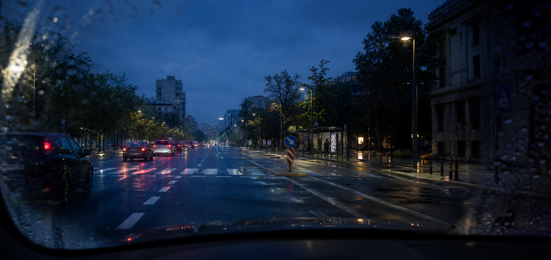 Bulevard urban pe timp de ploaie, văzut prin parbriz