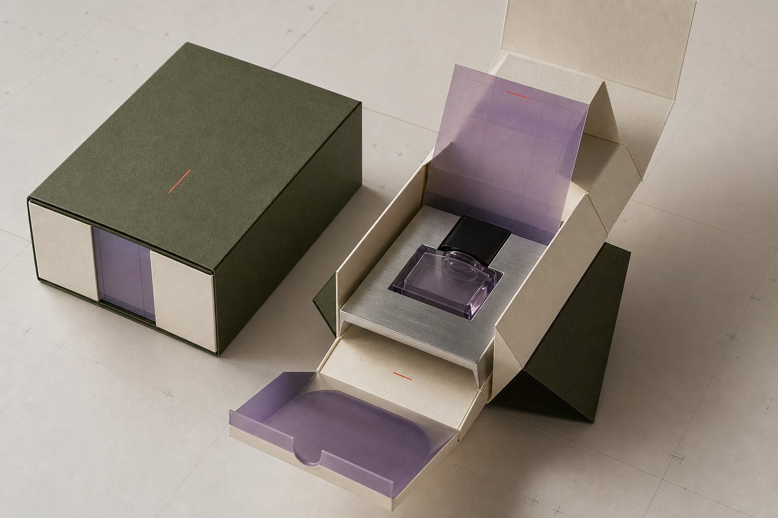 Sistem de ambalaj premium deschis, în tonuri de moss, chalk și lilac